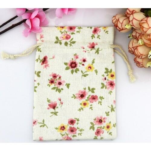 Wholesale 100pcs mini Drawstring Cotton Bag Gift Tea Sachet Storage Pouch Mini Pink Flower Pattern Packing Bags 10*14cm
