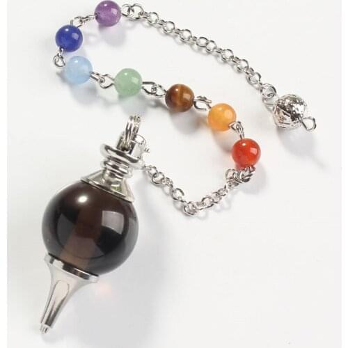 100-Unique 1Pcs 18 mm Smoky Quartzs Round Stone Dowsing Healing Chakra Chain Pendant Silver Plated Jewelry