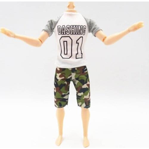 White 01 Print Shirt & Camouflage Shorts For Ken Doll Outfits Short Pants Clothes For Barbie Ken Male 1/6 Doll Accessories Toy