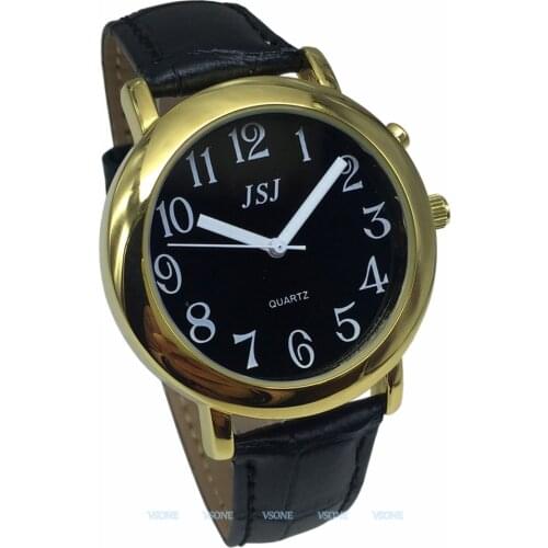 English Talking Watch with Alarm Function, Talking Date and time, Black Dial, Black Leather Band, Golden Case TAG-607