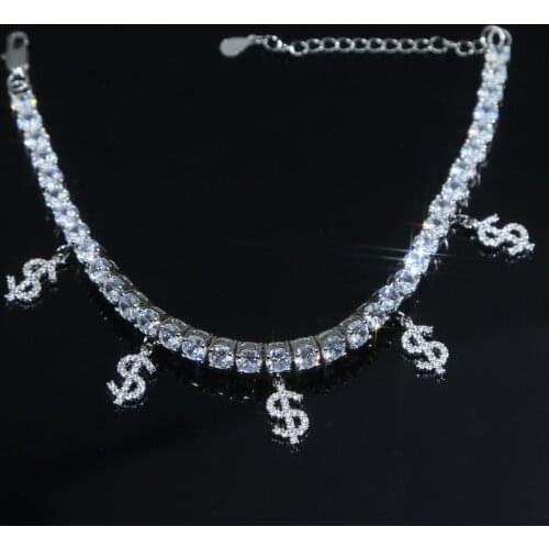 Drop ship Summer Beach Dollar Sign $ Charm Pendant Anklet For Women Iced Out Bling 5A CZ Tennis Chain Adjust Anklet Foot Jewelry