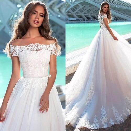 Elegant Boat Tulle Ball Gown Wedding Dresses Court Train Custo Made Bridal Dress 2020 Robe De Mariee