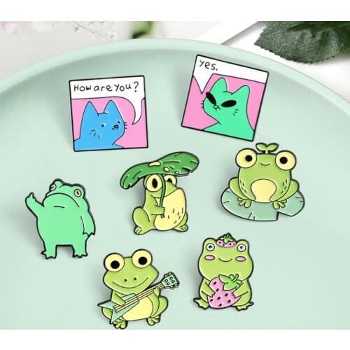 Cartoon Frog Enamel Pins Blue Cat Alien How are you?Animal Lapel Pins Badge Brooch for Bags Clothes Hat Jewelry Gift for Friends