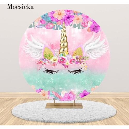 Unicorn birthday backdrop Rainbow Colorful Unicorn theme party decoration purple unicorn round photo background studio custom