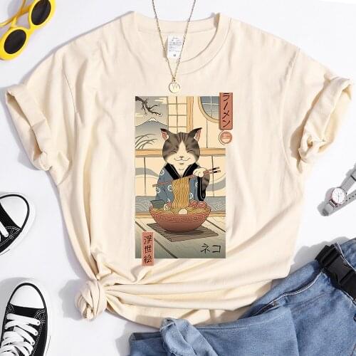 Kitten Eating Ramen Ukiyoe T-Shirt Personality Printing T Shirt Woman Funny Kawaii Womens Tshirtoversize Fashion Women Clothes
