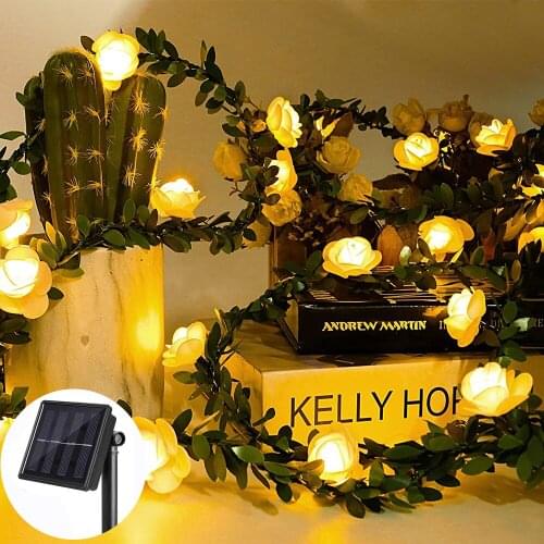 100/50/30/20leds Solar Rose String Lights Artificial Green Leaf Vin Rose Garland Lamp for Thanksgiving Wedding Christmas Decora