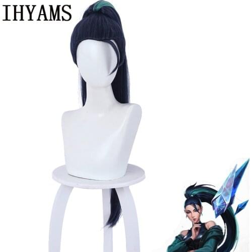 KDA THE BADDEST Kaisa Cosplay Wig LOL KDA Long Blue mixed Green Heat Resistant Synthetic Hair Chip Ponytail + Wig Cap