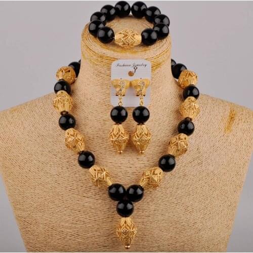 Classic African Bridal Wedding Jewelry Cool Black Glass Pearl Necklace Nigerian Womens Wedding Dress Accessories Set SH-121