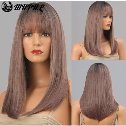 Brown Ombre Long Straight Synthetic Wig With Bangs For White Women Natural Daily Heat Resistant Fibre Hair Female Wigs