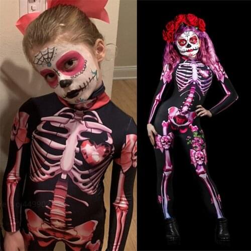 Mommy and Daughter Halloween Cosplay Jumpsuit Kids Women Adult Children Scary Fancy Dress Skeleton Bodysuits Carnival Party