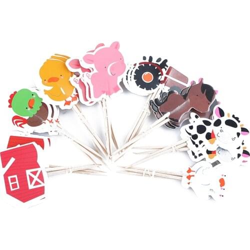 24PCS/pack Cartoon Farm Animal Party Theme Cupcake Toppers Mixed Styles Picks for Kids Birthday Party Favors DIY Cake Decor