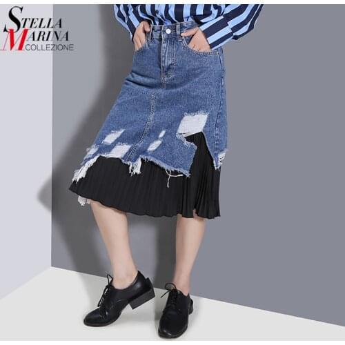 New 2021 High Waist Knee Length Woman Denim Patchwork Pleated Skirt Ripped Design Girls Unique Style Streetwear Jean Skirt 8547