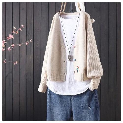 2021 spring and autumn new solid color all-match knitted cardigan womens buttoned literary sweater coat