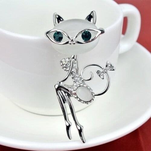 Fashion Opal Rhinestone Wear Glasses Cat Brooches Cute Sexy Cat Pins and Brooches Wedding Accessories
