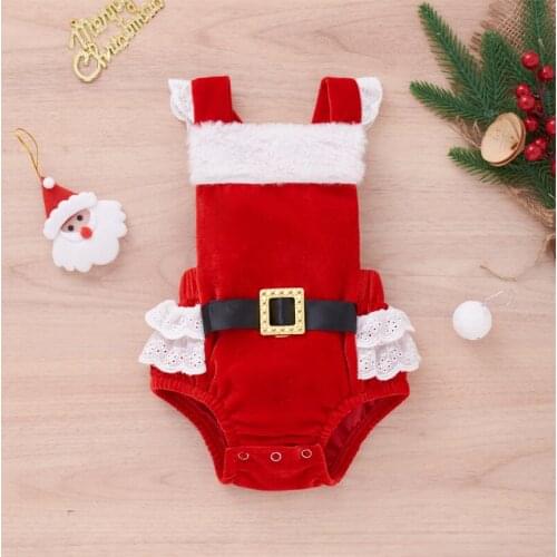 Baby Girls Christmas Romper Cute Red Variegated Color Square Collar Sleeveless Ruffles Back Lace-up Romper for 0-12 Months