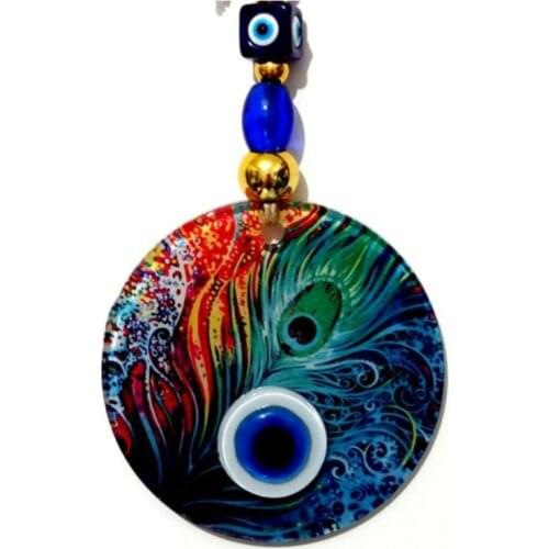 Evil Eye Fusion Glass Peacock Feather 12X12Cm Evil Eye Bead Handmade Wall Ornament Evil Eye Amulet Wall Hanging Talisman Gift