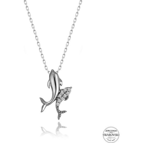 Silver 925 Sterling Swarovski Zirconia Gemstone Dolphin Fish Necklace