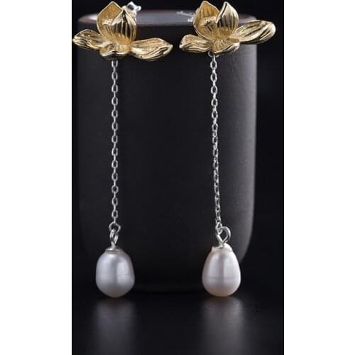 VLA 925 Sterling Silver Retro Classic Hanging Natural Pearl Earrings Womens Creative Lotus Jewelry Accessories