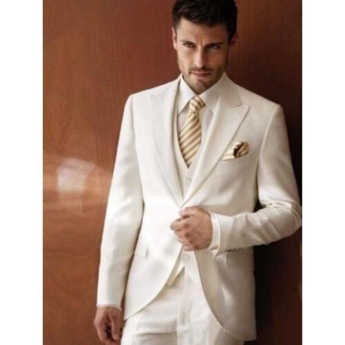White Peaked Lapel Groom Tuxedos (Jackey+Vest+Pants) 3 Pieces Men Suits Custom Made Formal Business Wedding Prom Party terno