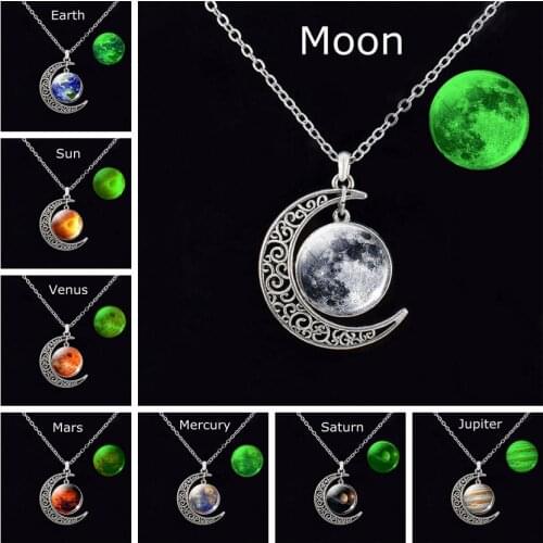 Luminous Solar System Planet Crescent Necklace Moon Earth Sun Pendant Jewelry Fashion Woman Chain Necklace Gift Glow In The Dark