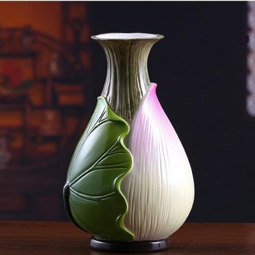 Traditional Chinese Ceramic Lotus Vase Ornamental Porcelain Leaf Pitcher Art and Craft Accessories for Room and Table Decoration