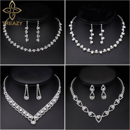 TREAZY Elegant Wedding Jewelry Sets for Women Pearls Crystal Necklace Earrings Bridal Jewelry Sets Prom Wedding Accessories