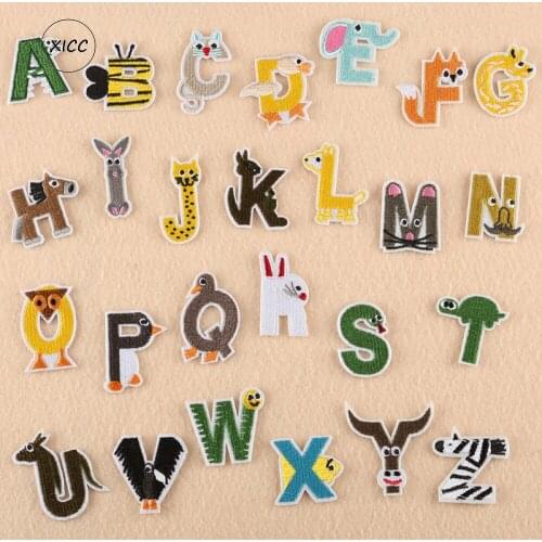 XICC Cartoon Animal 26 Cute Alphabet Iron on Letter Patch Cute Applique for Kids Baby Cloth Color Stickers Embroidery Name Patch