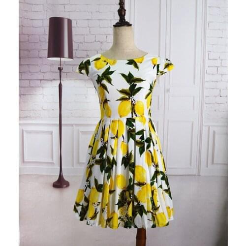 Womens Customize Lemon Flower Print dresses Ladies Casual High Waist A Line Mini Retro umbrella Dress