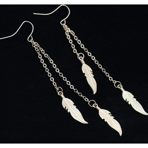 2 Chains Golden Silver Plated Metallic Leaf Pendant Long Drop Earrings for Women Fashion Dangle Earrings