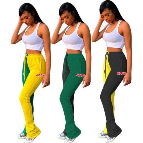 Women Drawstring Sports Joggers Trousers Color Block Plush Stacked Bell Bottoms Pants Casual High Waist Slim Warm Sweatpants