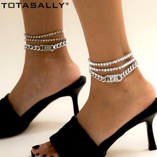 Totasally 2021 Hot Footchains For Women Punk Rock Rhinestone Chain + Curb Chain Anklets Girls Leg Bracelets Lady Gifts Jewelry