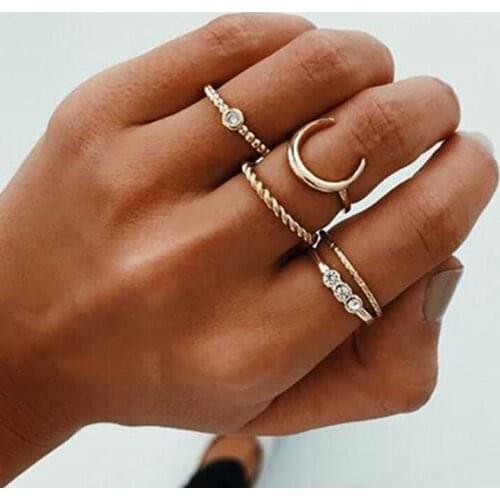 Fashion Gold Color Moon Crystal Knuckle Ring Set Boho Punk Jewelry For Women Midi Finger Ring Jewelry Gifts Wholesale 5Pcs/Set