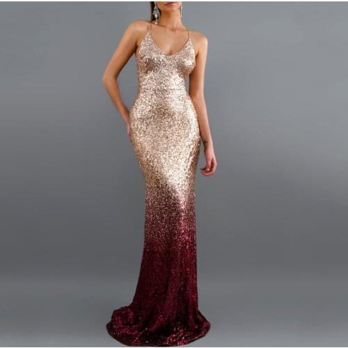Women Sexy V Neck Spaghetti Strap Gradient Shiny Sequin Evening Party Gown Dress Bodycon lady dresses for women modest summer