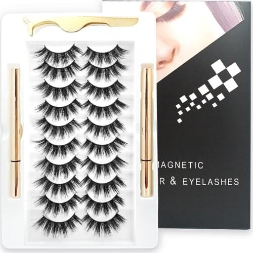 10 Pairs 3D Faux Mink Lashes Non-Magnetic Liquid Eyelashes Free Self-Adhesive Eyeliner&Tweezers Waterproof 2021 New Market No.1