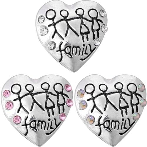 10pcs/lot New Snap Jewelry Rhinestone Heart Love Family Ginger 18mm Snap Buttons fit Metal Snap Bracelet Bangles Accessories