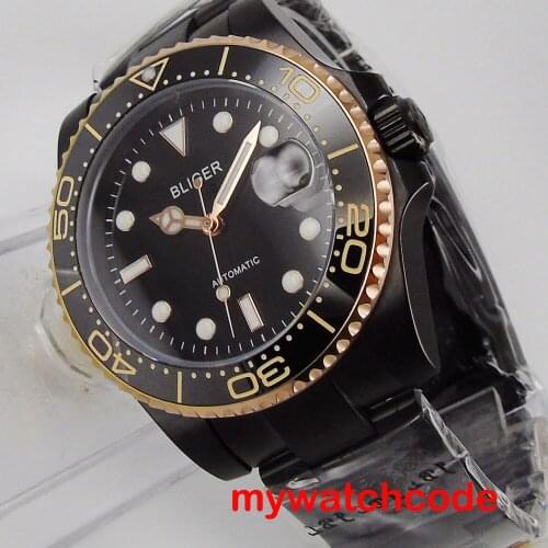 40mm Bliger Black dial Date Window Rose Gold Plated Bezel Black 316L Stainless Steel Band NH35 Automatic Movement Mens Watch