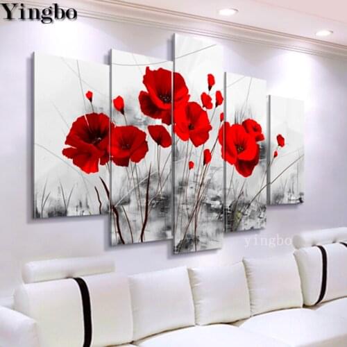 5d Diamond Painting Full drill Square Round 5pcs Red poppy flower abstract DIY Diamond Embroidery Mosaic Cross stitch Decoration