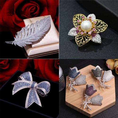 New Arrival AAA Zircon Brooches Pins for Women Coat Luxury Feather Bow-knot Flower Brooch Pin Jewelry broches para ropa mujer