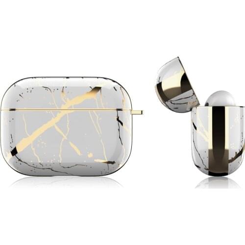 Netarlier Luxury White Marble Wireless Bluetooth Earphone Case For Apple AirPods Pro Gold Chrome IMD Hard Cover With Hanger Hook
