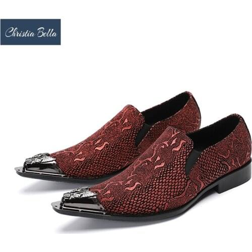 Christia Bella Designer Red Print Party Men Shoes Metal Pointed Toe Wedding Dress Shoes Genuine Leather Business Shoes Big Size