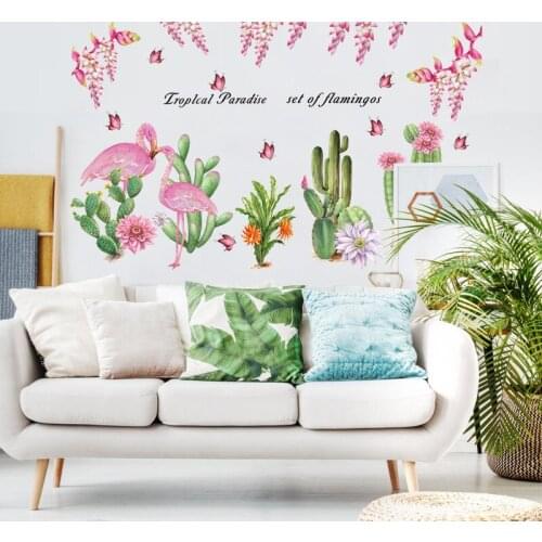 Flamingo With Cactus Flower Wall Stickers For Shop Office Home Decor Living Room Bedroom Wall Mural Art Diy Pastoral Decals