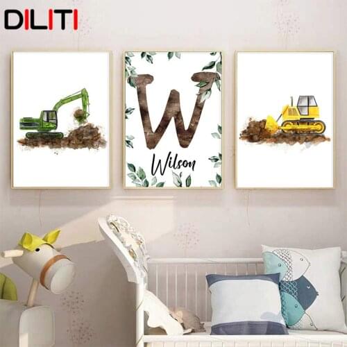 Personalized Poster Baby Name Custom Canvas Painting Nursery Print Pictures Cartoon Vehicle Wall Art for Boys Room Decor