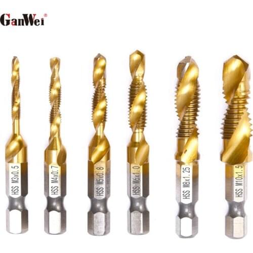 GanWei 6Pcs Titanium Plated HSS Screw Drill Thread Metric Tap Drill Bits M3 M4 M5 M6 M8 M10 Hex Shank Screw Machine tap Tool