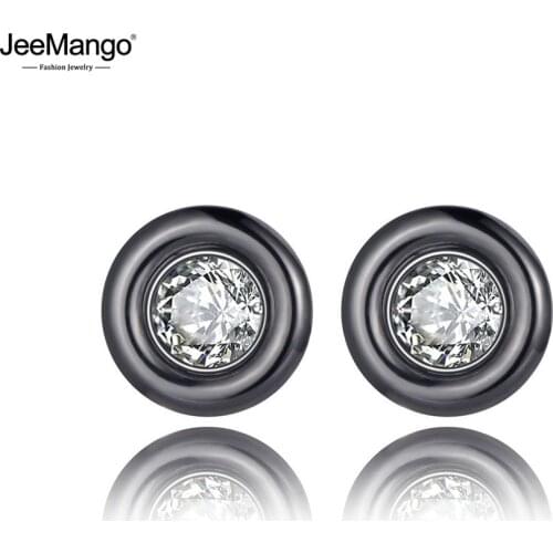 JeeMango Sparkling Stainless Steel White/Black Ceramic Wedding Earrings For Women CZ Crystl Earrings For Christmas Gift JE19279