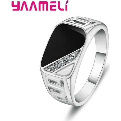 Classic Male Mens Wide Band Ring Unique 925 Sterling Silver White Black Rhinestone Square Statement Hip Hop Jewelry