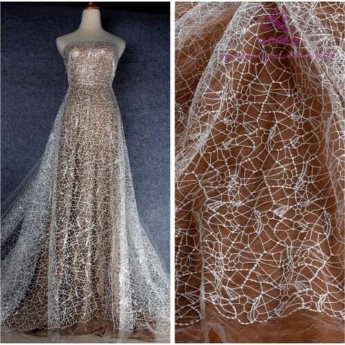 La Belleza Off white polyester sequins on net embroidery wedding dress lace fabric lining 1 yard 51" width