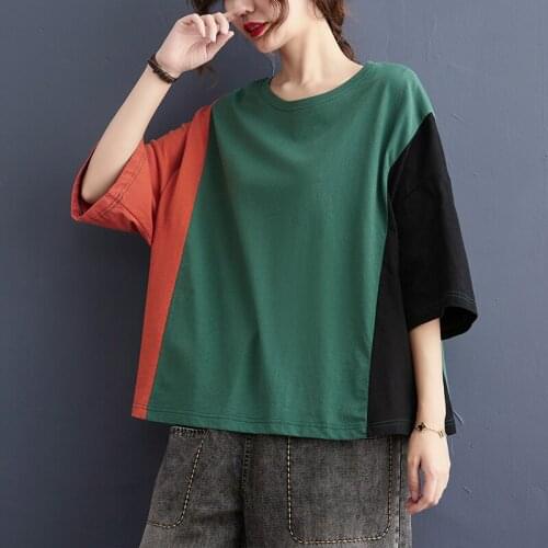 Patchwork 100% Cotton Soft Summer T Shirts Korea Style Sweet Girls Street Fashion T Shirt Loose Tops Women Casual T-Shirt Tees