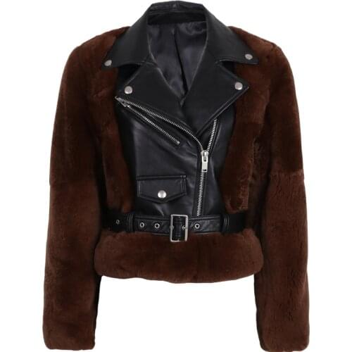 Leather genuine women real jacket rex rabbit fur sleeve and body