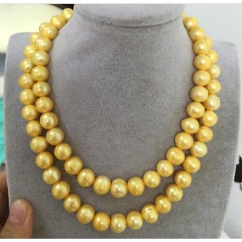 Charming 2row 10-11 mm baroque gold pearl necklace 18"-19"