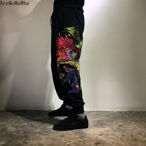 AreMoMuWha Original Chinese Style Colorful Phoenix Heavy Industry Embroidery Mens Cotton Loose Large Size Guard Pants QX1430